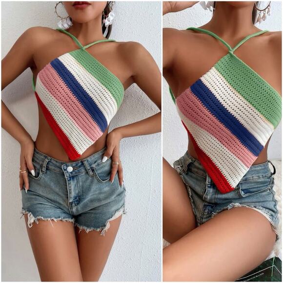 SHEIN Y2k Rainbow Crochet Halter Top - Picture 2 of 7